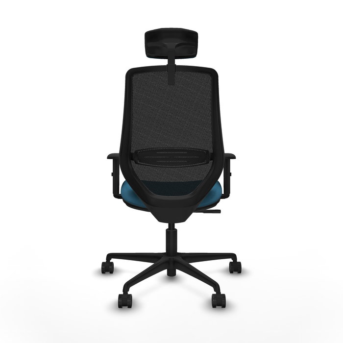 Silla de oficina Mardos con mecanismo Sincro tapizada con Tela color Verde petróleo y malla color Negro. Equipada con lumbar 1D, Brazos 1D, Cabecero 2D y Ruedas 65mm nailon