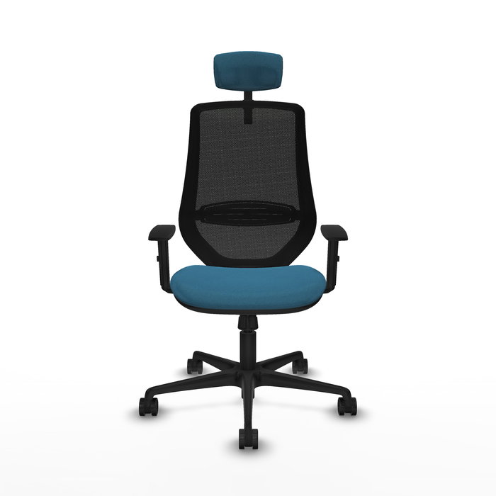 Silla de oficina Mardos con mecanismo Sincro tapizada con Tela color Verde petróleo y malla color Negro. Equipada con lumbar 1D, Brazos 1D, Cabecero 2D y Ruedas 65mm nailon