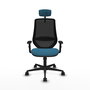 Silla de oficina Mardos con mecanismo Sincro tapizada con Tela color Verde petróleo y malla color Negro. Equipada con lumbar 1D, Brazos 1D, Cabecero 2D y Ruedas 65mm nailon