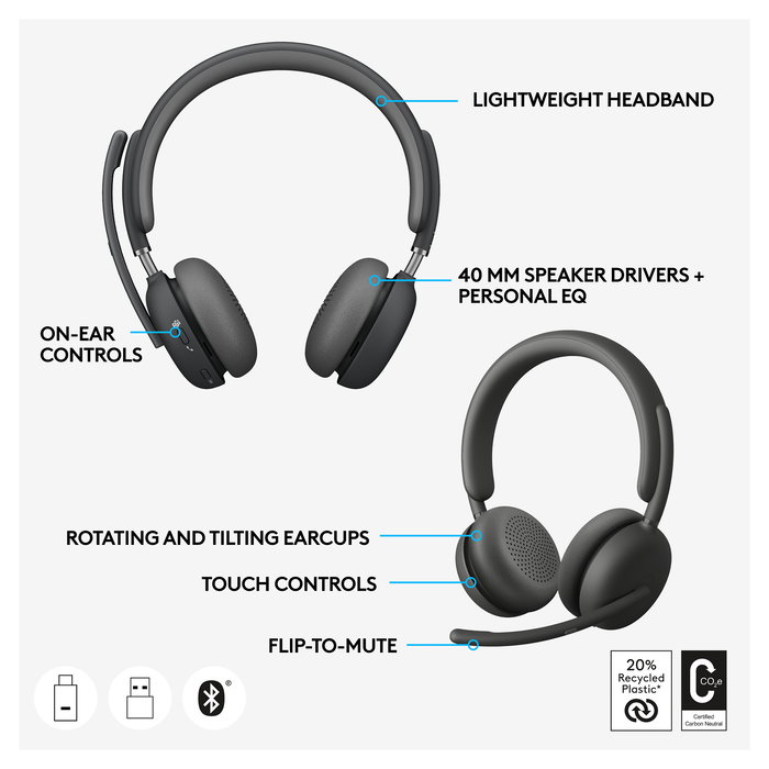 Logitech Zone Wireless 2 UC - Auriculares Inalámbricos para Teams/2.4GHz/BT - Graphite - Referencia A00174 A00172