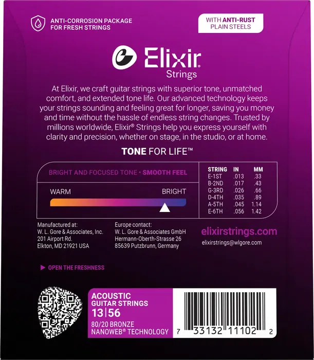 Elixir Juego Acústica Nanoweb 80/20 Bronze M 13-56 Cuerdas para Guitarra