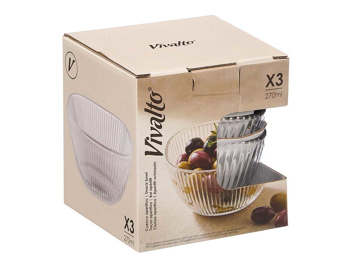 Vivalto Set 3 Cuencos Aperitivo Rayas 270 ml Vidrio Transparente 10.5x7.5x11.5 cm (Set de 12)