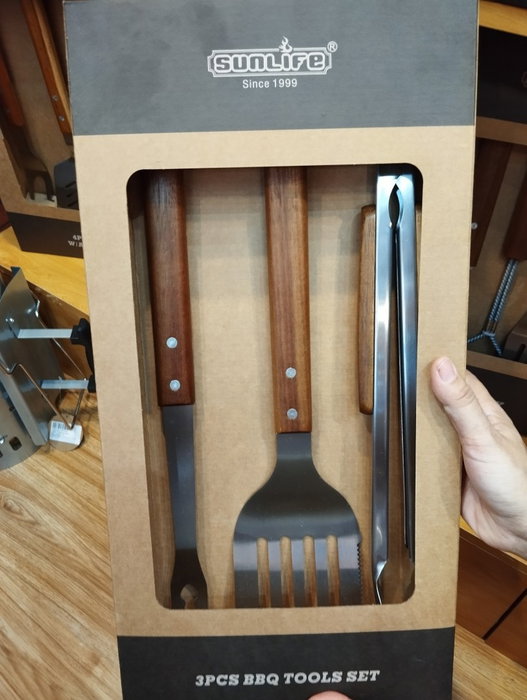 DKD Home Decor Set de 3 Utensilios para Barbacoa INOX ACACIA