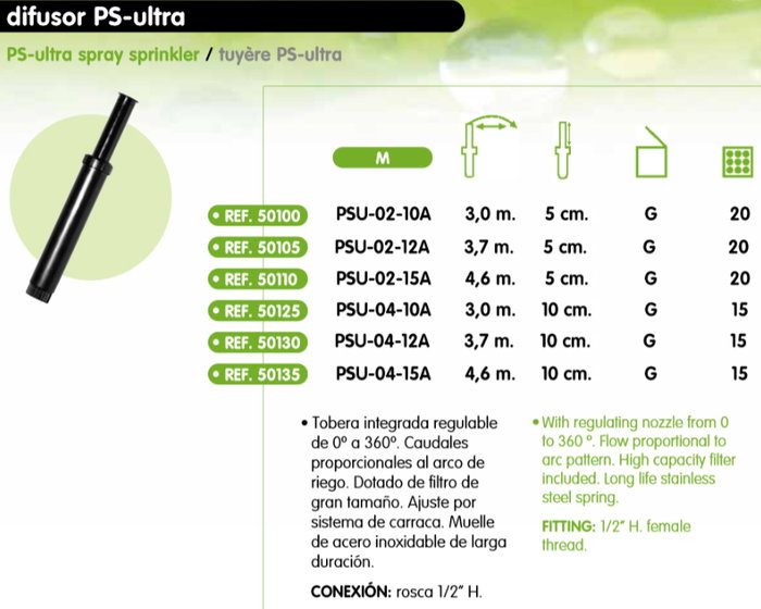 RIEGO DIFUSOR PS ULTRA 10 CM TOBERA REGULABLE 360º H-1/2=50135
