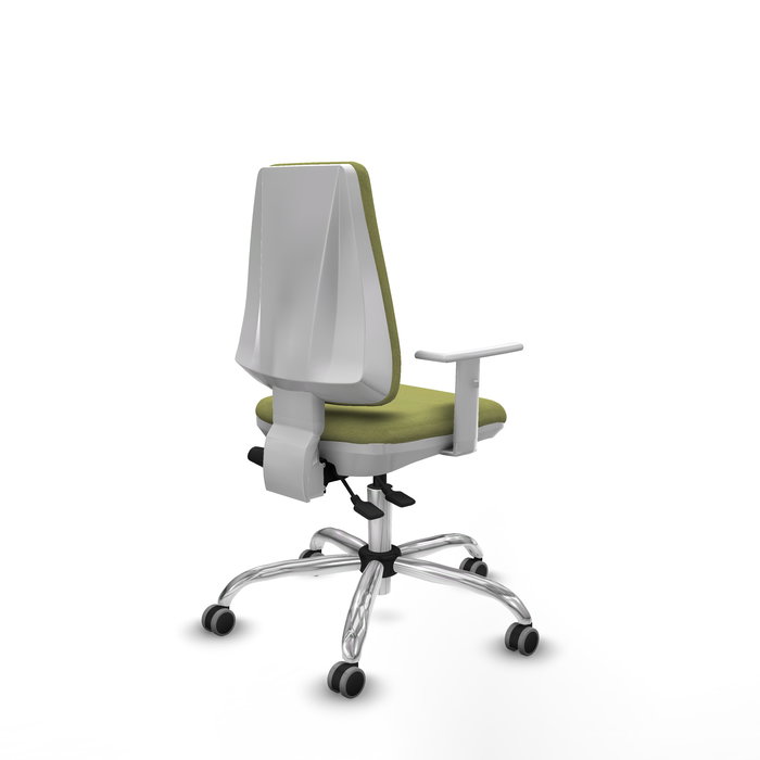 Silla de oficina Elche con mecanismo Asincro tapizada con Tela color Verde oliva. Equipada con Base cromada, Reposabrazos blancos y Ruedas 65 mm parqué