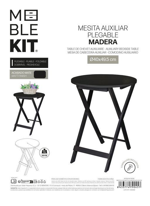 Moblekit Mesita Auxiliar Plegable Madera Negra 40 cm (4 Unidades)
