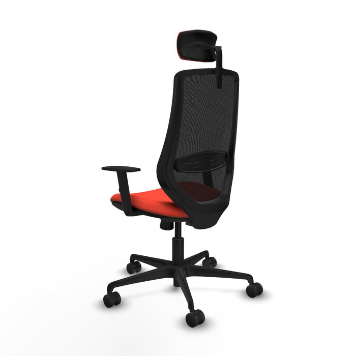 Silla de oficina Mardos con mecanismo Sincro tapizada con Tela color Naranja oscuro y malla color Negro. Equipada con lumbar 1D, Brazos 1D, Cabecero 2D y Ruedas 65mm nailon