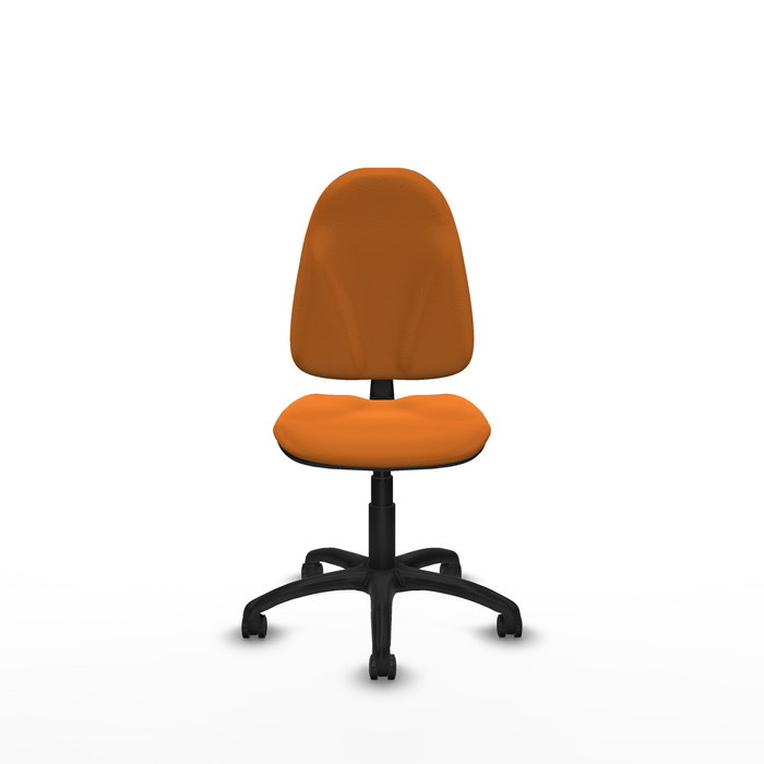 Silla de oficina Algarra con mecanismo Contacto permanente básico tapizada con Similpiel color Naranja. Equipada con Base poliamida negra, Sin brazos y Ruedas autofrenantes