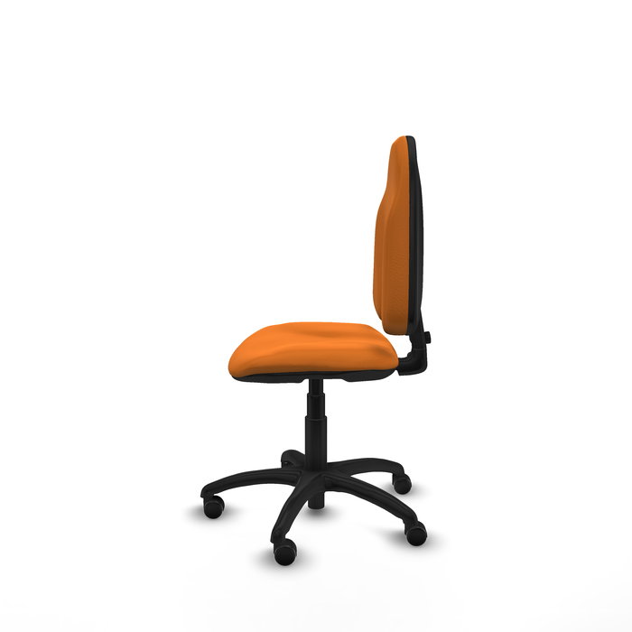 Silla de oficina Algarra con mecanismo Contacto permanente básico tapizada con Similpiel color Naranja. Equipada con Base poliamida negra, Sin brazos y Ruedas autofrenantes