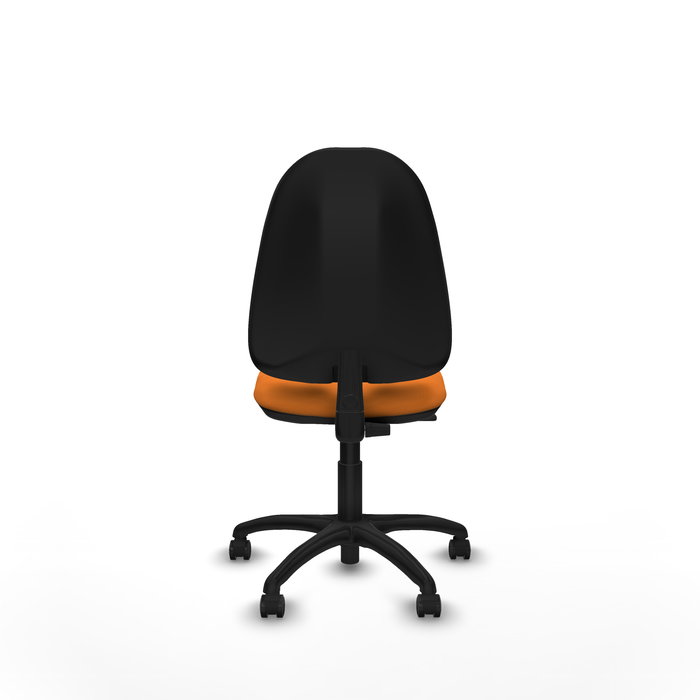 Silla de oficina Algarra con mecanismo Contacto permanente básico tapizada con Similpiel color Naranja. Equipada con Base poliamida negra, Sin brazos y Ruedas autofrenantes