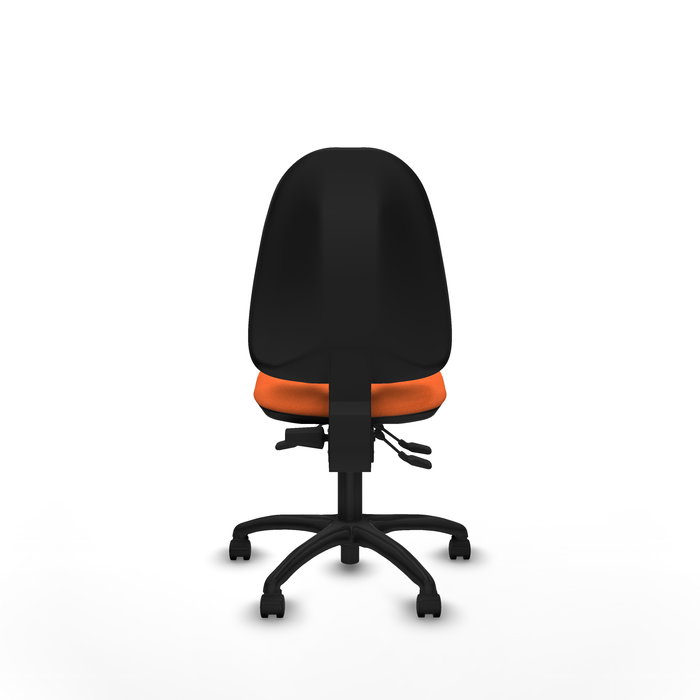Silla de oficina Algarra con mecanismo Asincro tapizada con Tela color Naranja. Equipada con Base poliamida negra, Sin brazos y Ruedas de nailon 50 mm