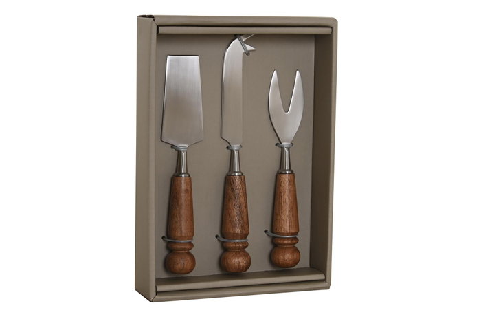 DKD Home Decor Set de 3 Cuchillos para Queso de Acacia e Inox