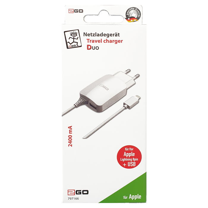 2GO 797166 Cargador de Pared 12W con Puerto Lightning y 1x USB, Cable de 1,4 m, Color Blanco