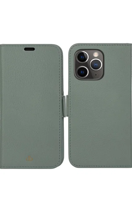 Dbramante1928 Funda cartera para Apple iPhone 13 Pro (6.1"), verde, cuero saffiano, tapa magnética desmontable con 3 bolsillos para tarjetas