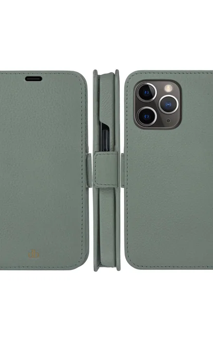 Dbramante1928 Funda cartera para Apple iPhone 13 Pro (6.1"), verde, cuero saffiano, tapa magnética desmontable con 3 bolsillos para tarjetas