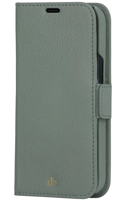 Dbramante1928 Funda cartera para Apple iPhone 13 Pro (6.1"), verde, cuero saffiano, tapa magnética desmontable con 3 bolsillos para tarjetas