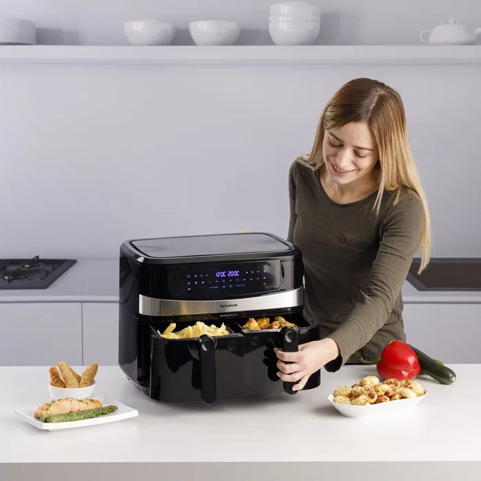 Taurus Air Fry Digital Duo - Freidora de Aire sin Aceite, Doble Cesta 9L (2x4.5L), 12 Programas, Panel Táctil, 2200W, Color Negro, Modelo 973980000 Taurus Air Fry Digital Duo - Freidora de Aire sin Aceite, Doble Cesta 9L (2x4.5L), 12 Programas, Panel Táctil, 2200W, Color Negro, Modelo 973980000