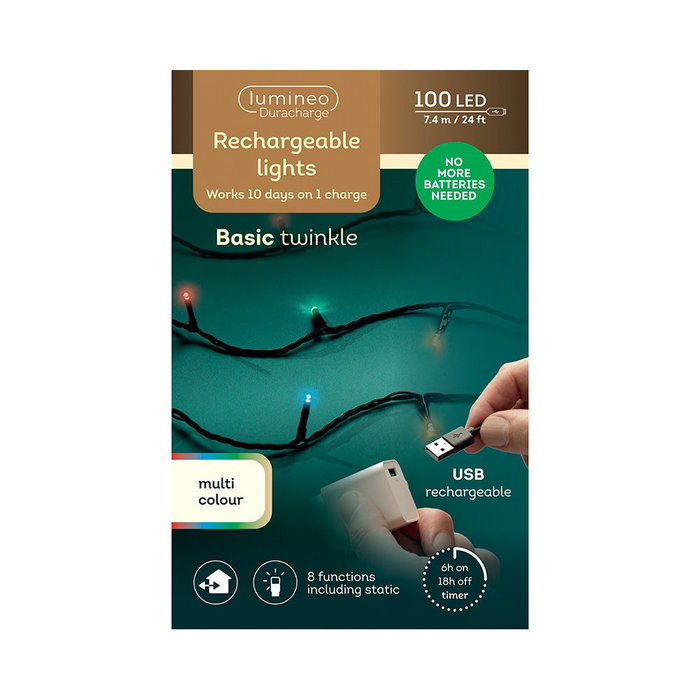 Lumineo Guirnalda LED Multifunción 100 LEDs 7.4m Recargable con Batería IP44 - Multicolor con Cable Negro y Temporizador (8h/16h) Lumineo Guirnalda LED Multifunción 100 LEDs 7.4m Recargable con Batería IP44 - Multicolor con Cable Negro y Temporizador (8h/16h)