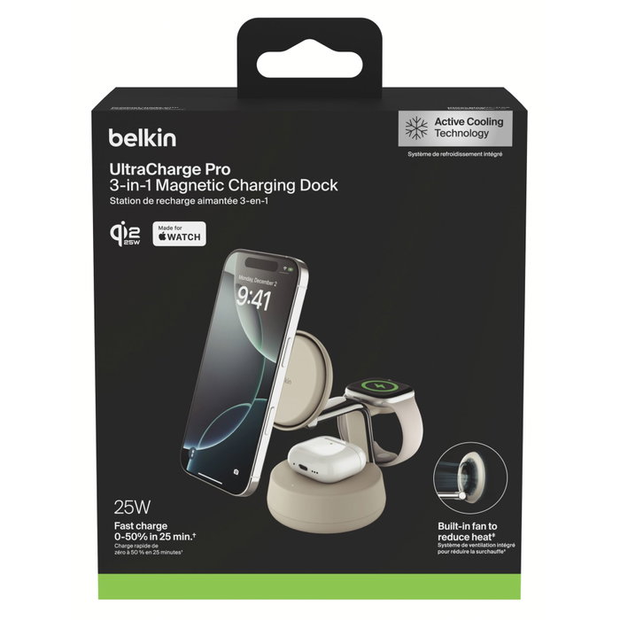 Belkin UltraCharge Pro 25W Qi2 Estación de Carga Magnética 3 en 1 Blanco