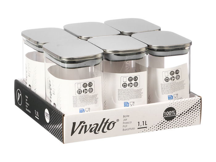 Vivalto Tarro Rectangular Borosilicato 1,1L Tapa Acero Transparente/Plata 12x14.5x8.2 cm (Set de 12)