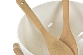 DKD Home Decor Set de Ensaladeras Classic Porcelain de Porcelana y Bambú, Blanco
