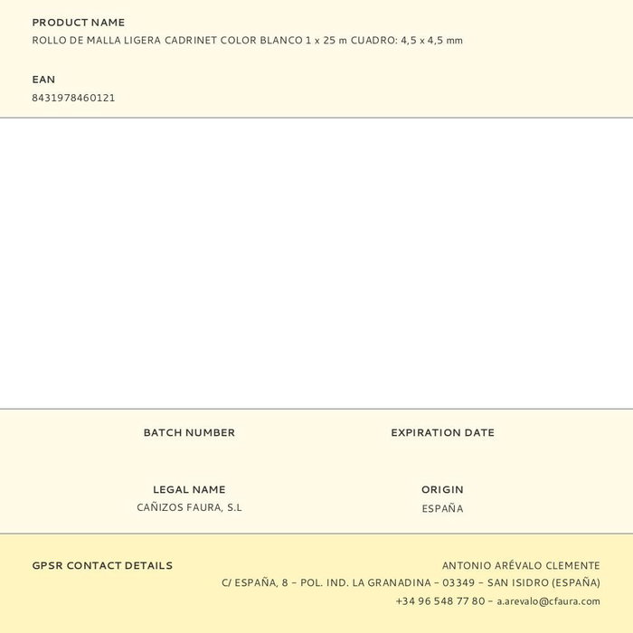 Faura Rollo de Malla Ligera Cadrinet Blanco, Cuadro 4.5 x 4.5 mm, Polipropileno Termosoldado, 1 Unidad x 25 Metros