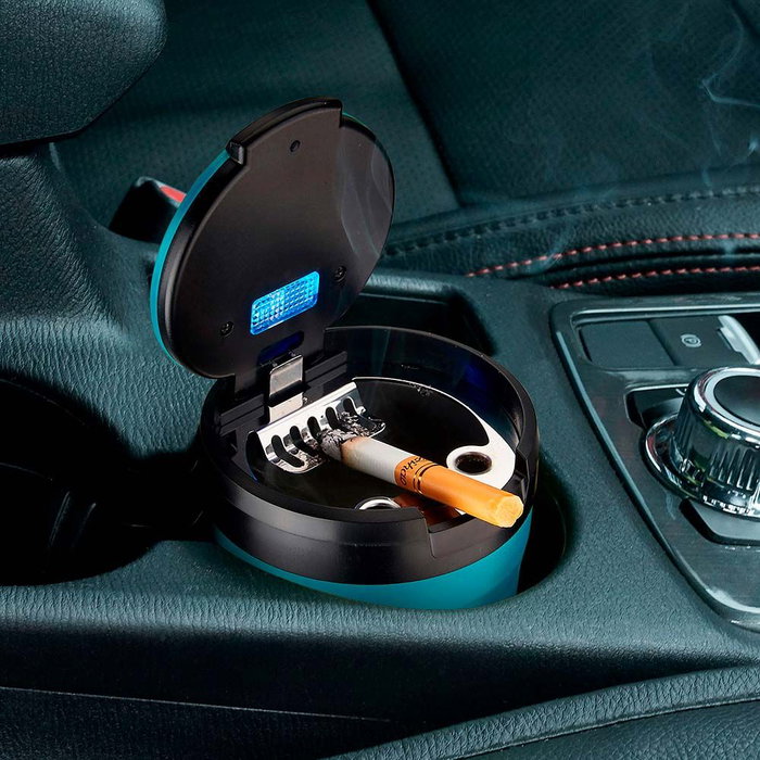 Champ Cenicero Redondo con Tapa y LED, Colores Surtidos en Expositor de 6 Unidades, Ø8 x 7 cm