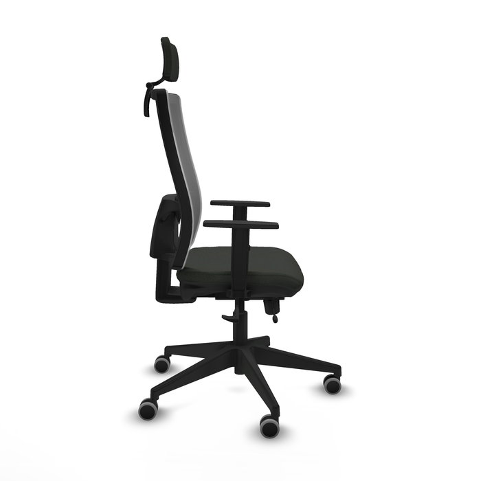Silla de oficina Horna con mecanismo Sincro/Traslack tapizada con Tela color Negro y malla color Gris. Equipada con lumbar 1D, Brazos 1D, Cabecero 2D y Ruedas 65 mm parqué