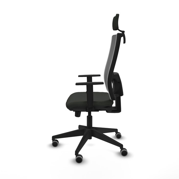 Silla de oficina Horna con mecanismo Sincro/Traslack tapizada con Tela color Negro y malla color Gris. Equipada con lumbar 1D, Brazos 1D, Cabecero 2D y Ruedas 65 mm parqué