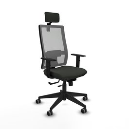 Silla de oficina Horna con mecanismo Sincro/Traslack tapizada con Tela color Negro y malla color Gris. Equipada con lumbar 1D, Brazos 1D, Cabecero 2D y Ruedas 65 mm parqué