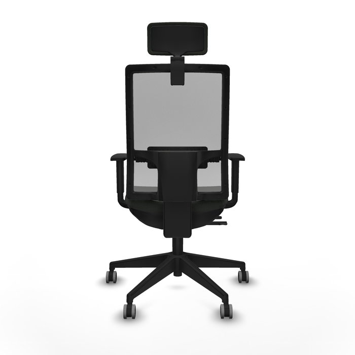 Silla de oficina Horna con mecanismo Sincro/Traslack tapizada con Tela color Negro y malla color Gris. Equipada con lumbar 1D, Brazos 1D, Cabecero 2D y Ruedas 65 mm parqué