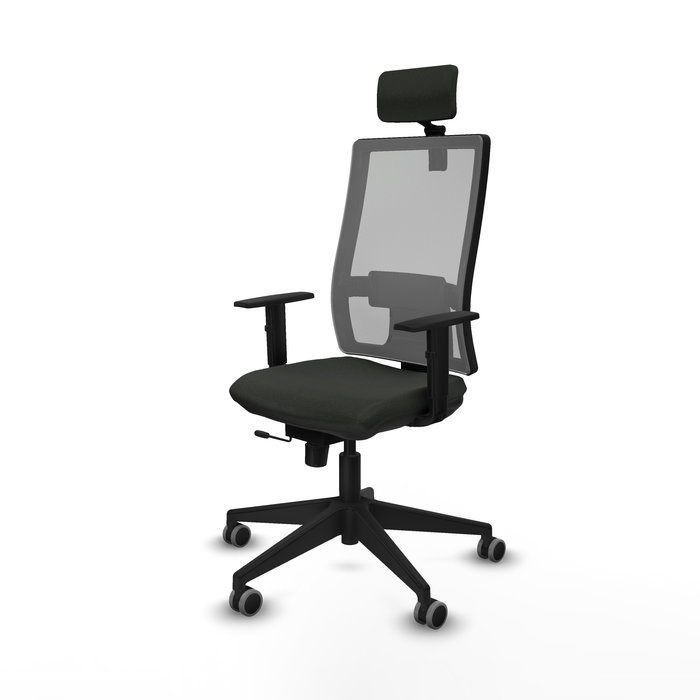 Silla de oficina Horna con mecanismo Sincro/Traslack tapizada con Tela color Negro y malla color Gris. Equipada con lumbar 1D, Brazos 1D, Cabecero 2D y Ruedas 65 mm parqué