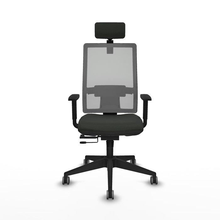 Silla de oficina Horna con mecanismo Sincro/Traslack tapizada con Tela color Negro y malla color Gris. Equipada con lumbar 1D, Brazos 1D, Cabecero 2D y Ruedas 65 mm parqué
