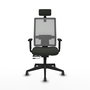 Silla de oficina Horna con mecanismo Sincro/Traslack tapizada con Tela color Negro y malla color Gris. Equipada con lumbar 1D, Brazos 1D, Cabecero 2D y Ruedas 65 mm parqué