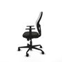 Silla de oficina Jorquera con mecanismo Sincro tapizada con Tela color Negro y malla color Blanco. Equipada con lumbar 1D, Brazos 1D y Ruedas 65mm nailon