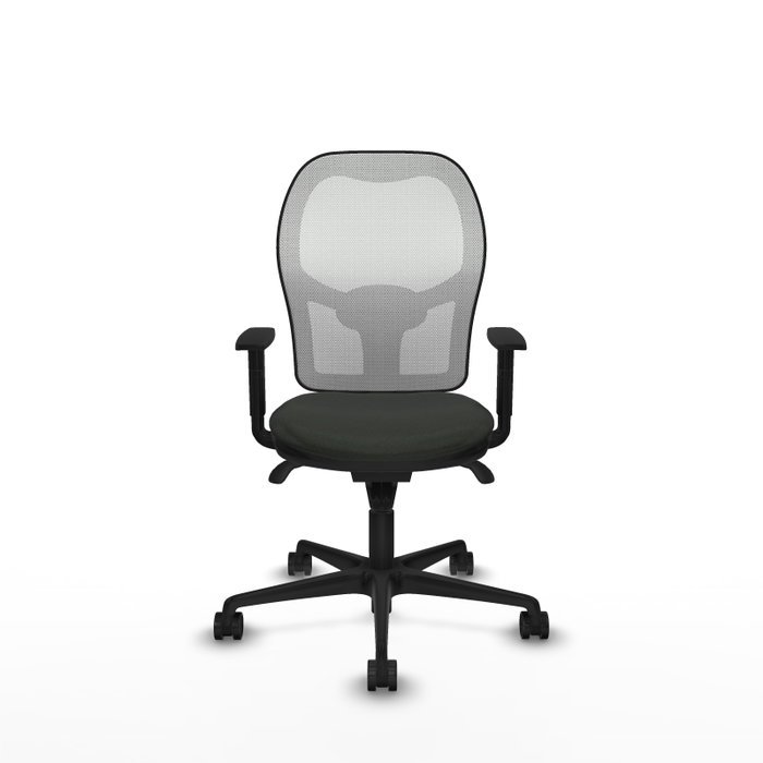 Silla de oficina Jorquera con mecanismo Sincro tapizada con Tela color Negro y malla color Blanco. Equipada con lumbar 1D, Brazos 1D y Ruedas 65mm nailon
