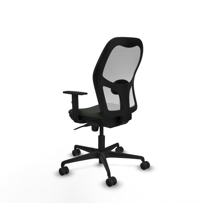 Silla de oficina Jorquera con mecanismo Sincro tapizada con Tela color Negro y malla color Blanco. Equipada con lumbar 1D, Brazos 1D y Ruedas 65mm nailon