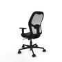 Silla de oficina Jorquera con mecanismo Sincro tapizada con Tela color Negro y malla color Blanco. Equipada con lumbar 1D, Brazos 1D y Ruedas 65mm nailon