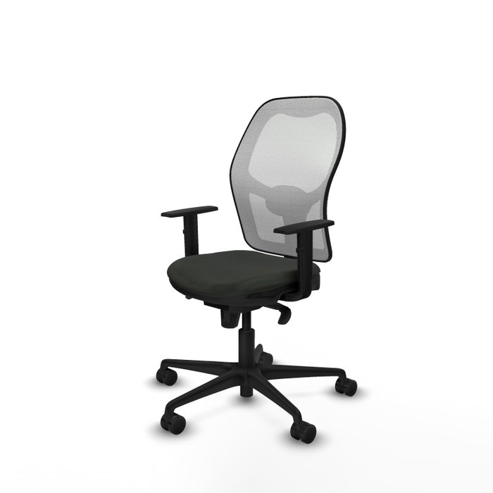 Silla de oficina Jorquera con mecanismo Sincro tapizada con Tela color Negro y malla color Blanco. Equipada con lumbar 1D, Brazos 1D y Ruedas 65mm nailon