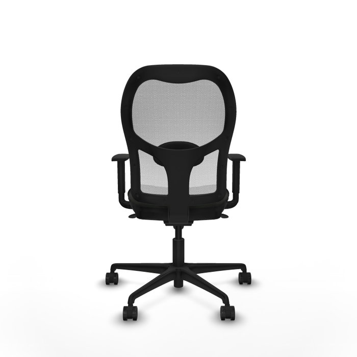 Silla de oficina Jorquera con mecanismo Sincro tapizada con Tela color Negro y malla color Blanco. Equipada con lumbar 1D, Brazos 1D y Ruedas 65mm nailon