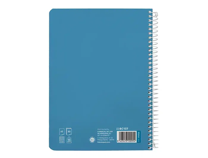 Liderpapel Cuaderno espiral A5 Pautaguía Tapa Dura 80 Hojas 90 gr Cuadro Pautado 5mm Color Azul