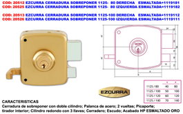 EZCURRA Cerradura de Sobreponer 1125-100 Izquierda Esmaltada