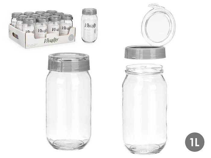 VIVALTO Bote con Tapa de 1 Litro, Cristal Gris Transparente, Apto Lavavajillas, Dimensiones 9.5x19x9 cm (Set de 12) VIVALTO Bote con Tapa de 1 Litro, Cristal Gris Transparente, Apto Lavavajillas, Dimensiones 9.5x19x9 cm (Set de 12)