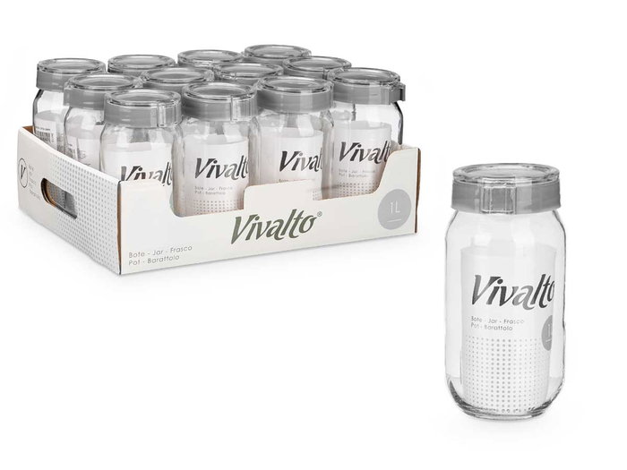 VIVALTO Bote con Tapa de 1 Litro, Cristal Gris Transparente, Apto Lavavajillas, Dimensiones 9.5x19x9 cm (Set de 12) VIVALTO Bote con Tapa de 1 Litro, Cristal Gris Transparente, Apto Lavavajillas, Dimensiones 9.5x19x9 cm (Set de 12)
