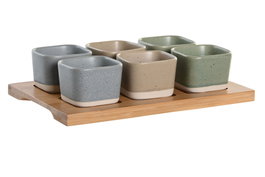 DKD Home Decor Aperitivo Set de 7 Piezas Porcelana y Bambú Multicolor 21.6 x 15 x 1.5 cm