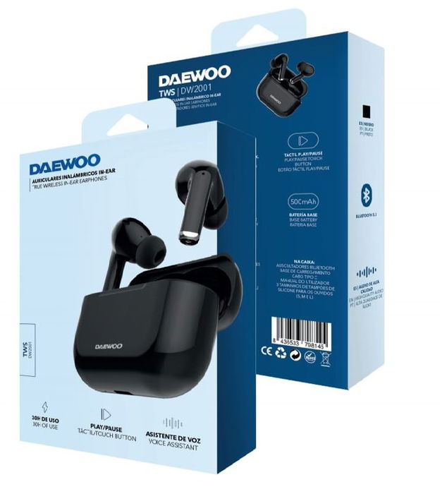 Daewoo Auriculares Inalámbricos TWS Bluetooth 5.3, Negro, Batería 40mAh (auriculares) y 500mAh (estuche)
