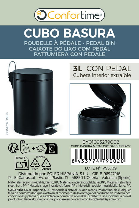 Confortime Cubo Basura Metal con Pedal 3 Litros Negro 17 x 25.7 x 22 cm (6 Unidades)