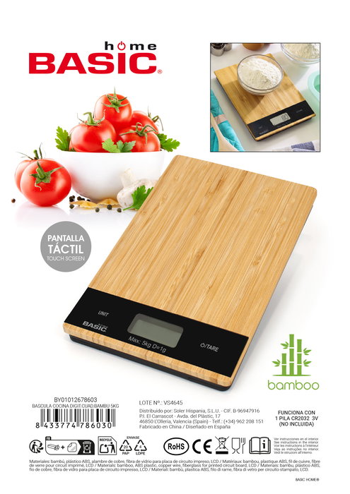 Inde Báscula Cocina Digital Cuadrada Bambú 5 kg con Dimensiones 21.5 x 15 x 1.6 cm (12 Unidades)