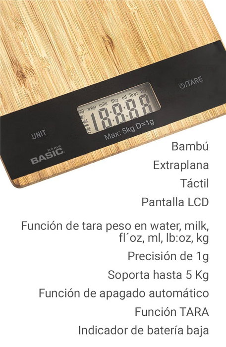 Inde Báscula Cocina Digital Cuadrada Bambú 5 kg con Dimensiones 21.5 x 15 x 1.6 cm (12 Unidades)