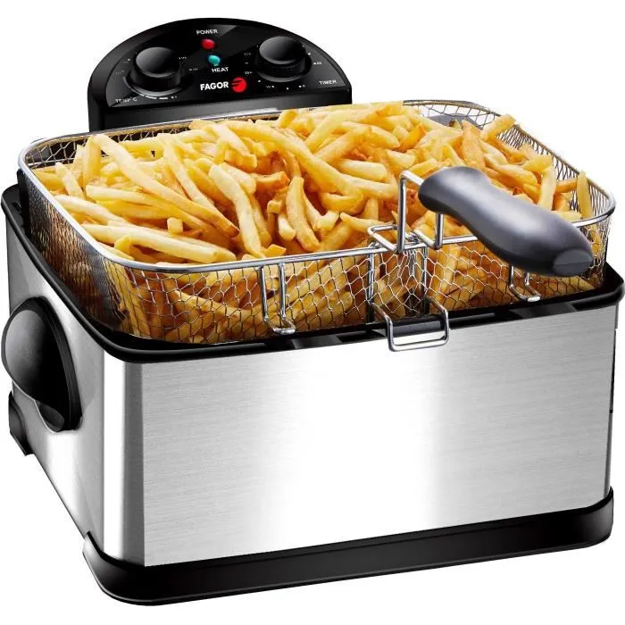 FAGOR FG124 - Freidora Eléctrica - 4L - 2000W - 1.8 Kg de patatas fritas - 3 Cestas - Filtro de carbón antiolor - Cuerpo de acero inoxidable